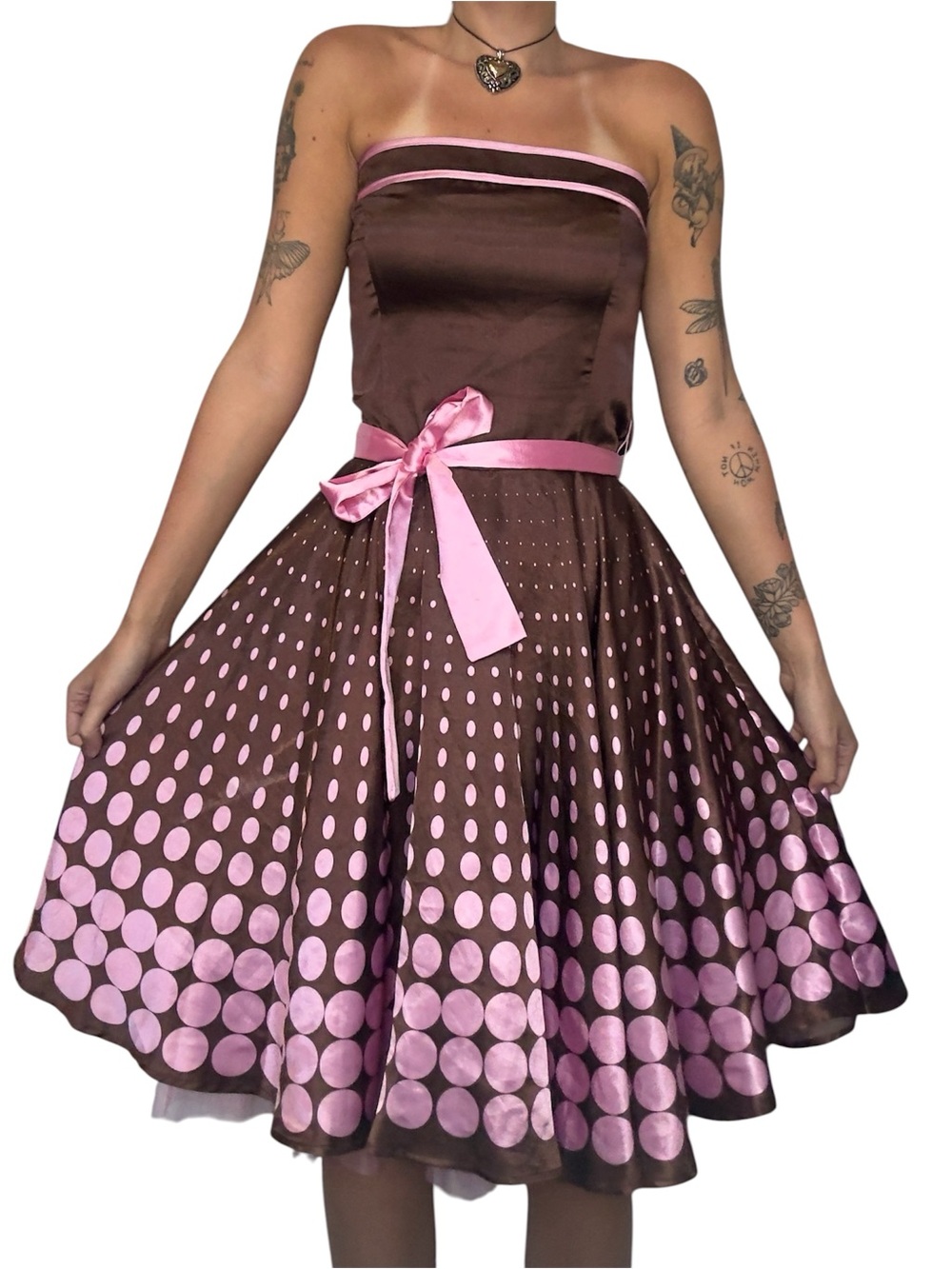 Y2K Chocolate Brown Strapless Polka Dot Sundress with Pink Accents